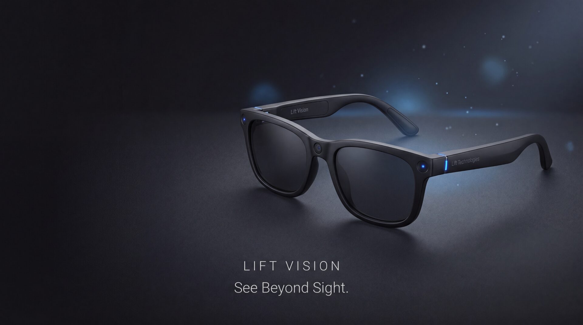 Lift Vision smart glasses on a matte black surface with soft ambient lighting